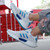 Men's white blue flyknit stripe block pattern sport shoe sneaker 03