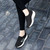 Women's black floral pattern stripe slip on rocker bottom sneaker 09