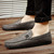 Men's grey stripe thread metal ornament slip on shoe loafer 02