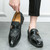 Men's black brogue pattern print penny slip on dress shoe 06