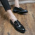 Men's black metal buckle strap patterned slip on dress shoe 06