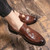 Men's brown metal ornament croc pattern penny slip on dress shoe 04