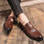 Men's brown metal ornament croc pattern penny slip on dress shoe 06