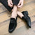 Men's black suede penny strap slip on dress shoe 06