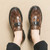 Men's brown check pattern metal buckle penny slip on dress shoe 06