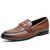 Men's brown metal buckle penny strap slip on dress shoe 01