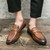 Men's brown metal buckle penny strap slip on dress shoe 06