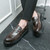 Men's brown metal buckle floral pattern penny slip on dress shoe 02