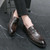 Men's brown metal buckle floral pattern penny slip on dress shoe 06