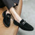 Men's black metal buckle sewn accents penny slip on dress shoe 05