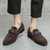 Men's brown metal buckle sewn accents penny slip on dress shoe 04