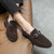 Men's brown metal buckle sewn accents penny slip on dress shoe 07