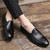 Men's black plain retro curve toe slip on dress shoe 02