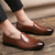 Men's brown plain retro curve toe slip on dress shoe 02