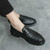 Men's black weave accents penny strap slip on dress shoe 03