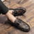 Men's brown metal buckle pattern print slip on dress shoe 06