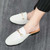 Men's white weave accents metal buckle slip on shoe mule 05