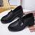 Women's black plain slip on thick heel penny strap dress shoe 09