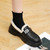 Women's black metal buckle strap winter slip on dress shoe 07