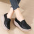 Women's black stripe accents plain slip on rocker bottom shoe 08