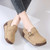 Women's beige suede buckle strap slip on rocker bottom shoe 08