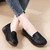 Women's black penny strap slip on rocker bottom shoe 05
