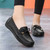 Women's black bow tie slip on shoe loafer sewn accents 04