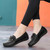 Women's black bow tie slip on shoe loafer sewn accents 05