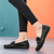 Women's black bow tie slip on shoe loafer sewn accents 08
