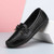 Women's black bow tie slip on shoe loafer sewn accents 12