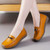 Women's yellow casual metal buckle sewn accents slip on shoe loafer 02