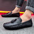Men's black snake skin pattern top tassel slip on shoe loafer 04