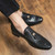 Men's black retro stripe accents pattern tassel slip on dress shoe 04