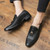 Men's black retro stripe accents pattern tassel slip on dress shoe 05