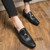 Men's black retro stripe accents pattern tassel slip on dress shoe 06
