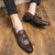 Men's brown retro stripe accents pattern tassel slip on dress shoe 03