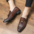 Men's brown retro stripe accents pattern tassel slip on dress shoe 06