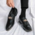 Men's black snake skin pattern metal buckle slip on dress shoe 02
