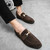 Men's brown metal buckle thread accents slip on dress shoe 02