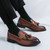 Men's brown retro pattern top tassel penny slip on dress shoe 03