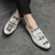 Men's white grey check pattern chain metal penny slip on dress shoe 05