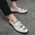 Men's white grey check pattern chain metal penny slip on dress shoe 06