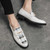 Men's white grey check pattern chain metal penny slip on dress shoe 07