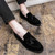 Men's black suede tassel sewn accents slip on dress shoe 05