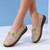 Women's beige hollow floral metal buckle slip on shoe loafer 05