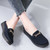 Women's navy suede metal buckle on top slip on shoe mule 02