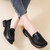 Women's black penny strap on top slip on shoe loafer 04