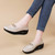 Women's beige metal buckle slip on rocker bottom shoe 08
