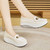 Women's beige causal top metal buckle slip on rocker bottom shoe 03