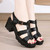 Women's black plain retro cut out buckle chunky heel shoe sandal 04